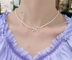 PQT-992 - Bow Shape Pearl Pendant Necklace for Women – Dainty Jewelry with Sparkling Bow Design | Available in Silver &amp; Golden Finish | Perfect Gift for Weddings, Parties &amp; Everyday Glamour - Golden